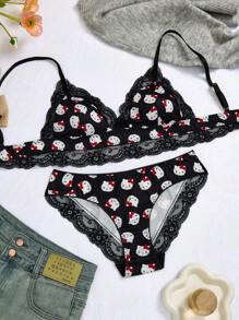 Sanrio 2pcs Set Women Lace Triangle Cup  Lingerie Bra + Matching Panty, Kawaii For Going Out