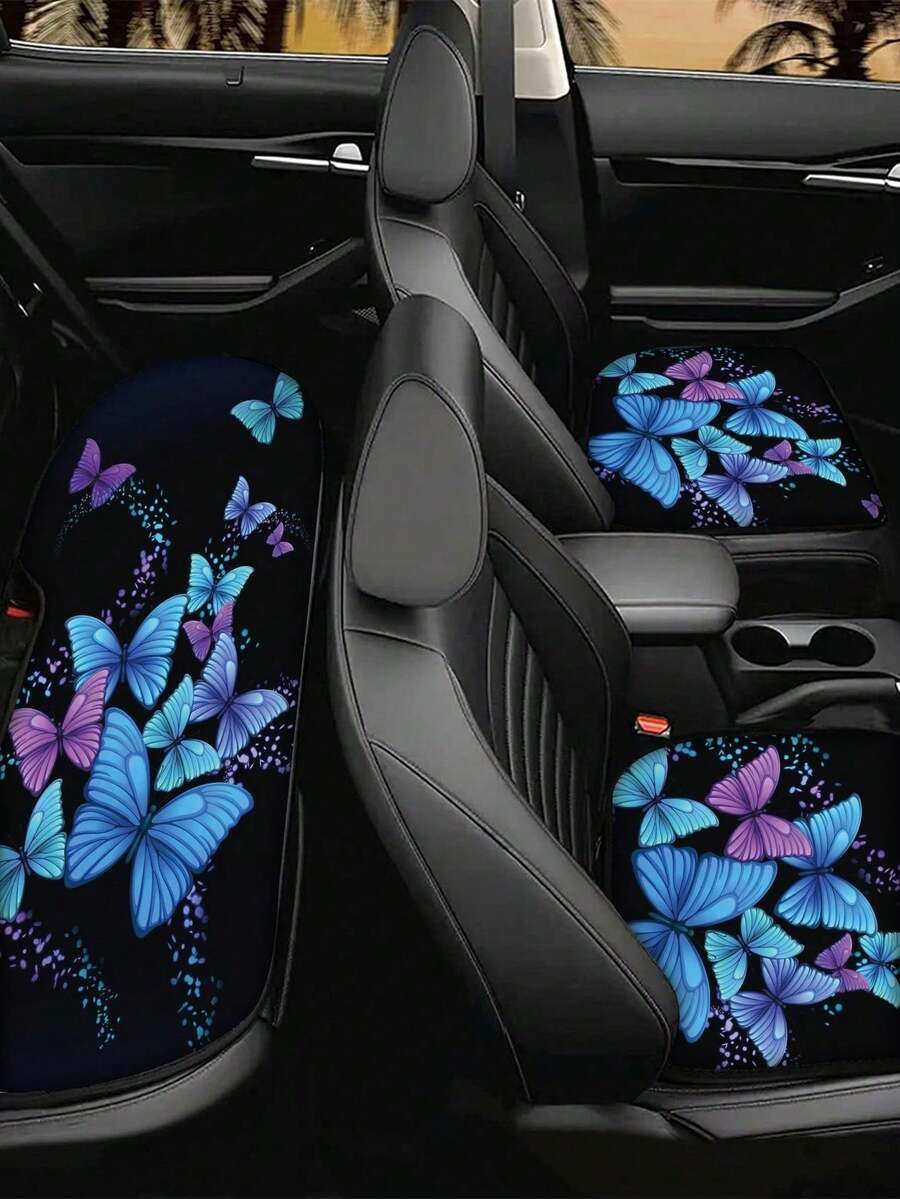 1 set de 3 piezas de fundas para asientos de coche con estampado de mariposa azul sobre fondo negro, para asientos delanteros y traseros, protector de interior de asiento automotriz - Multicolor - Ver 1
