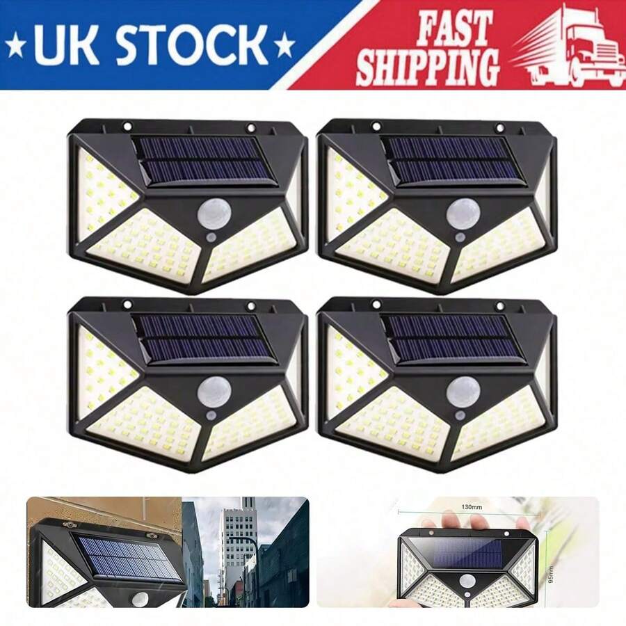 NetHong 4 Pack 100 LED Solar Powered Wall Light PIR Motion Sensor Outdoor Security Lamp