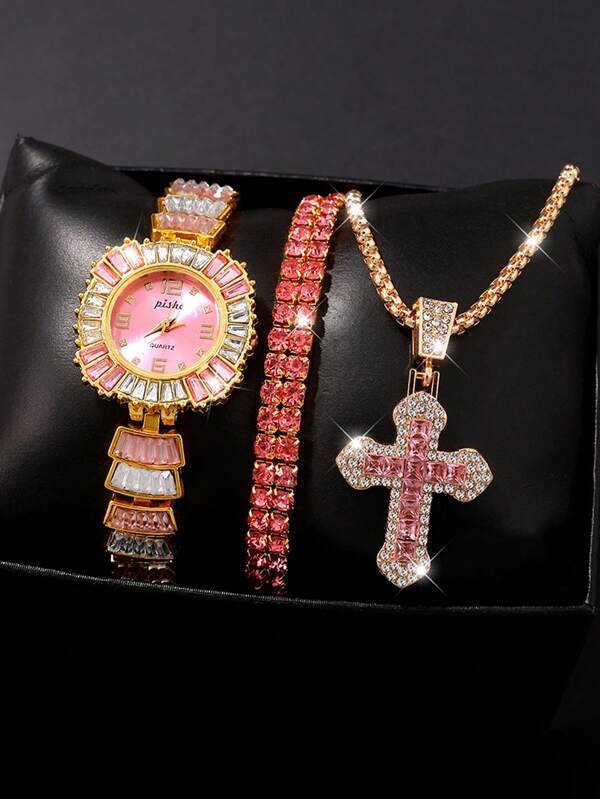 3pcs/Set Elegant Women's Quartz Watch With Rhinestone Inlaid Square Dial, And Cross Pendant Necklace & Bracelet Set, Suitable For Daily Wear And Gift Giving