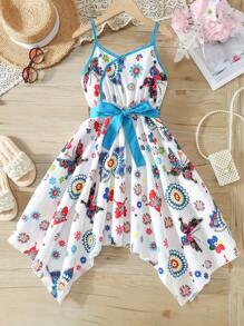 Tween Girl Irregular Hem Camisole Tie Waist Colorblock & Floral Print Dress