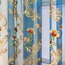1 Stück hochwertige, bestickte europäische Blumen-Tüllgardine in Blau für Wohnzimmer oder Schlafzimmer