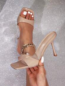 1 双女士纯色细高跟凉鞋，夏季户外超高跟鞋 - 杏色 - 查看 1