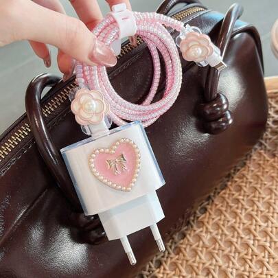 5pcs/Set[20W EU Plug Charger Protector]For IPhone 13 Pro/11 Pro Max/15/16 Pro Max/Plus, Transparent Charging Head Protector + Anti-Break Data Cable Protector, Heart Flower Design Gift