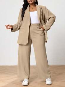 Plus Size Casual Commute Solid Color Suit Jacket And Pants Set - Khaki - View 4