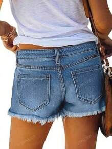 European & American Street Style Summer Casual Simple Versatile Button & Frayed Hem Women Denim Shorts