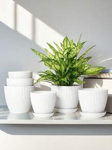 1pc Plastic Flower Pot With Tray, 3 Different Sizes Modern Decorative Plant Pot For Indoor Gardening - White - View 2