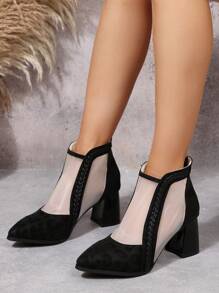 Color-Block French Style Fashionable Versatile Pointed Toe Short Boots, Mesh Hollow Design High Heels, Spring/Autumn New Arrival, Breathable Short Tube