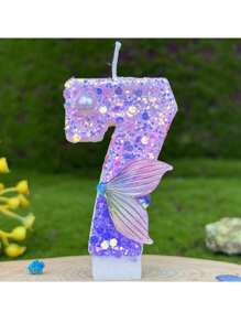 1 Stück lila Meerjungfrau Nummer Kerze, 0-9 Nummer Kerze, mit lila Pailletten und lila Fischschwanz, geeignet für Meerjungfrau-Thema Tortendekor, Geburtstagskerzeg, handgefertigt DIY Herstellung, Position kann leicht variieren