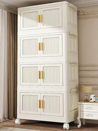 Double Door Foldable Storage Cabinet, Plastic Transparent Wardrobe For Kids Room, Multi-Tier Movable Organizer