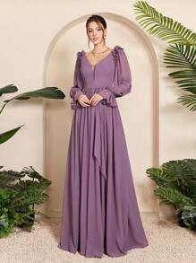Women's Ruffled Chiffon Lantern Sleeve Maxi Dress