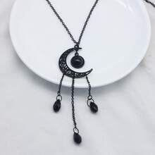 Luxury Black Tassel Long Crystal Moon Drop & Dangle Pendant Necklace - Exquisite Dark Gothic Style, Crescent Moon Light Design, Black Chain Vintage Gothic Boho Jewelry, Handmade, Simple Halloween Party Hip Hop Hippie Style, Unique Fashion Statement Witchy Accessory For Women, Daily Wear - Multicolor - View 6