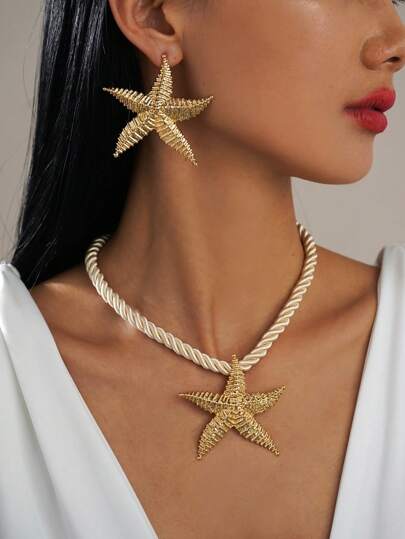 طقم مجوهرات أنيق متعدد الاستخدامات، قلادة وأقراط نجم البحر محبوك ومخطط، مجوهرات بوهيمية هدية للنساء، مناسبة للمواعيد والعطلات