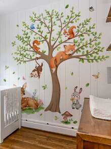 1set 2pcs/1set 3pcs Cartoon Big Tree Animal Wall Stickers, Children Room Decor