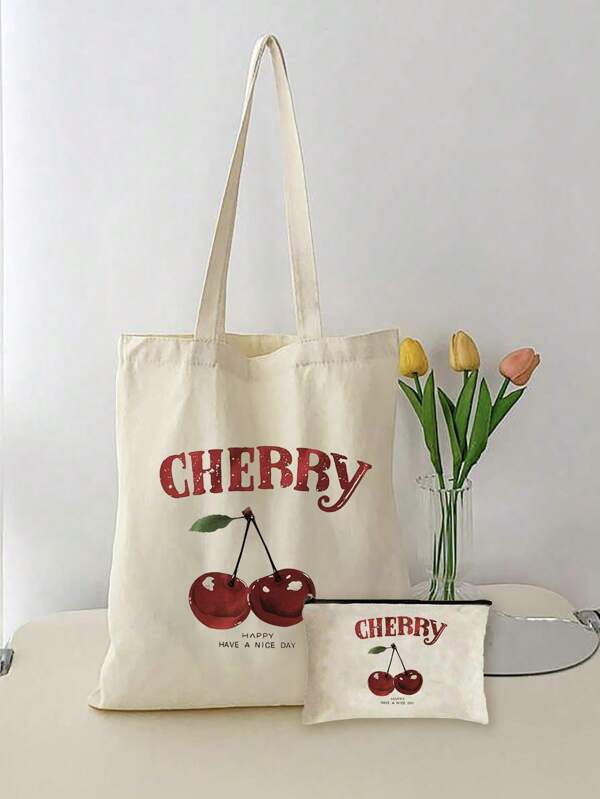 2 Pcs Cute Cherry Print Portable Tote Bag Set - Women's Stylish Armbags With Small Zipper Makeup Pouch, Reusable Shopping Bag, And Compact Design For Daily Use