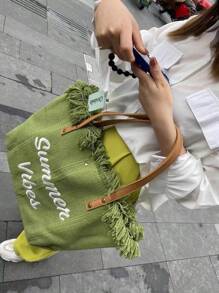 Grand Sac Fourre-tout en canevas avec Décoration de Gland Lettre, Simple Sac à Main à Épauler Pour Le Trajet et Les Courses