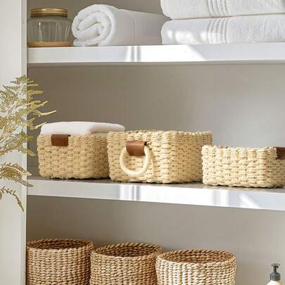 1 件编织篮、3 件（S+M+L）编织收纳篮套装、带手柄的纸绳篮、用于整理的小型编织篮、可爱的装饰礼品篮、储物容器、橱柜抽屉、卧室、客厅、宿舍、桌面整理、农舍装饰篮、波西米亚风可重复使用文具、衣柜、玩具、化妆品、办公桌整理篮的收纳篮、理想的礼品篮