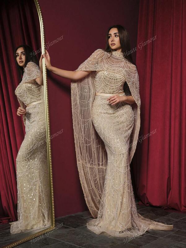 Faeriesty SHEIN X Hannahelzahed فستان كيب فاخر لامع مرصع بالخرز والترتر ذو ذيل سمكة - مثالي للحفلات الزفاف، السجادة الحمراء، حفلات الزفاف في الصحراء، وحفلات النجوم