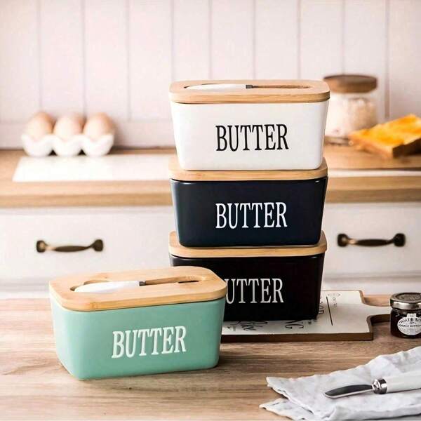 A Set Of Ceramic Butter Saucers With Bamboo LIDS And Knives - Sealed With Silicone, Suitable For Kitchen Baking And Gift-Giving Containers