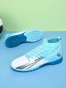 1 par de Tacos de fútbol/Fútbol para cancha artificial, Zapatillas de entrenamiento de alta gama con cordones delanteros, suela de goma antideslizante, tacos cortos para césped artificial, diseño ligero de alto rendimiento y antideslizante - Blanco azul claro - Ver 8