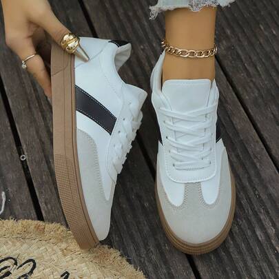 女士新款系带拼色元素休闲运动鞋，现代时尚优雅风格户外街头校园百搭运动鞋