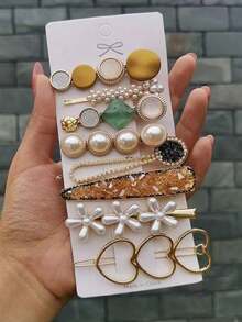 8pcs/16pcs Set Cute Alloy Faux Pearl Triple Heart Hair Clips, Versatile Everyday Wear For Women - Multicolor - View 1