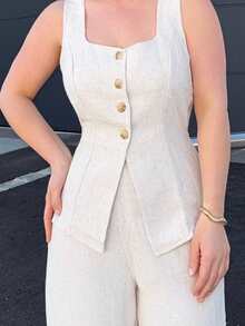 Jeta Ari Summer Linen Color Linen Suit Vest Two-Piece Set Ladies" Fashionable Solid Color Button Contrast Color Sleeveless Top And Trousers Set Wear Comfortable Fabric Breathable Soft Suitable For Commuting Daily Holiday Wear - Khaki - View 5