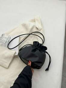 Women's Fashionable Casual Crossbody Mini Drawstring Cloud Shoulder Bag - Black - View 6