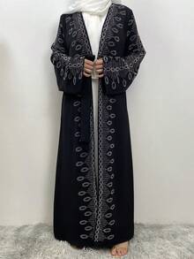 迪拜奢华水钻黑色侧袋开襟长袍，适合春夏穿着。 - 黑色 - 查看 4
