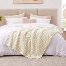 Deluxe Cream Colored Flannel Throw Blanket - Soft, Warm And Cozy Faux Fur With Horizontal Stripes, Suitable For Office, Living Room Or Bedroom, Adorable Blanket