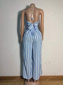 Women's Light Blue Striped Casual Wide Leg Halter Neck Backless Tie Bow Jumpsuit,Tropical Vacation Woman Clothes,Brunch Outfits For Women,Beachwear,Summer Outfit,Boho