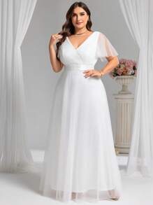 Große Größen Rüschenärmel Chiffon Abschlussballkleid Junggesellinnenabschied Partykleid Bridal-Shower Kleid Hochzeitskleid für Braut Verlobungskleider