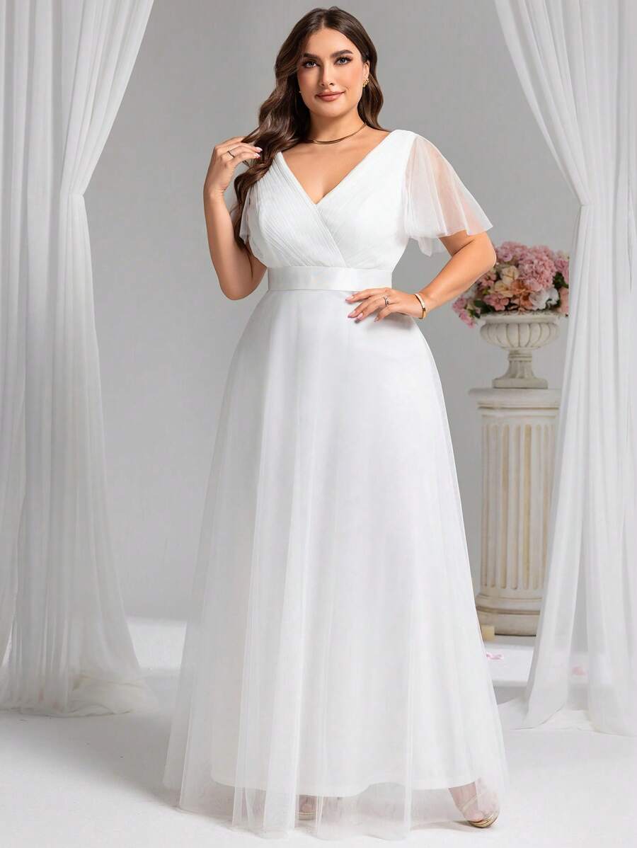 Große Größen Rüschenärmel Chiffon Abschlussballkleid Junggesellinnenabschied Partykleid Bridal-Shower Kleid Hochzeitskleid für Braut Verlobungskleider