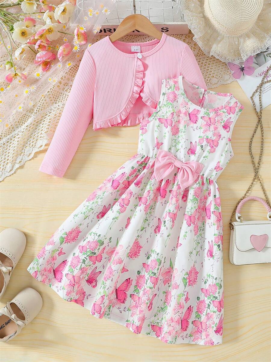 2 Pcs Set Little Toddler Girls Dress With Cardigan Floral Dresses Ruffle Shrug Sweaters Spring Full Clothes For 3-10 Y - Hồng - Xem 1