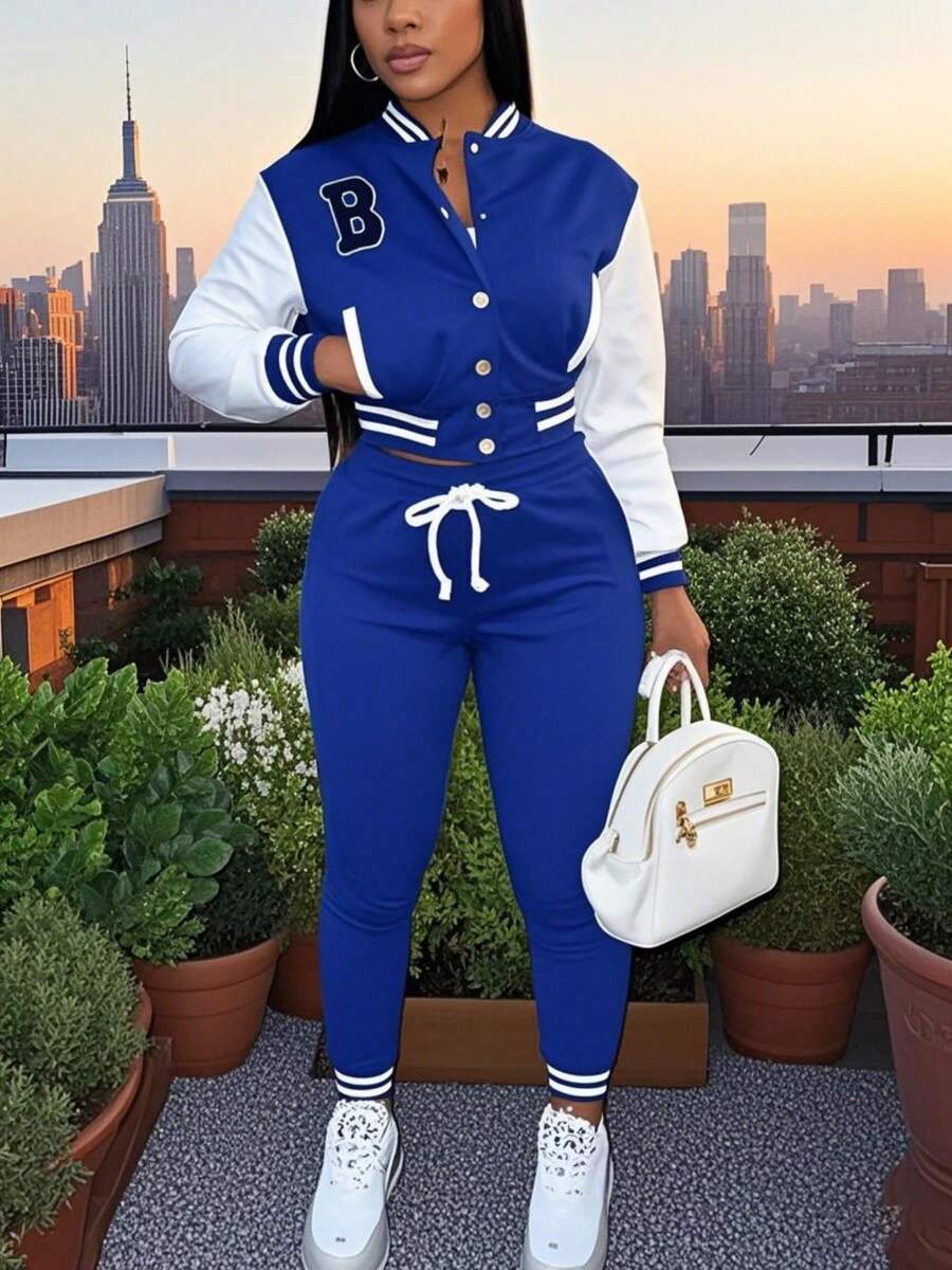 Fooullaide Women's Varsity Jacket Sweatsuit 2 Piece Tracksuit Crop Top Button Down Letterman Jackets Pants Sets - 寶藍色 - 查看 1