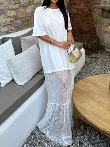 女士圆领撞色蕾丝连衣裙，性感休闲针织面料连衣裙，春夏优雅白色 - 白色 - 查看 4