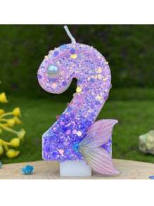 1 Stück lila Meerjungfrau Nummer Kerze, 0-9 Nummer Kerze, mit lila Pailletten und lila Fischschwanz, geeignet für Meerjungfrau-Thema Tortendekor, Geburtstagskerzeg, handgefertigt DIY Herstellung, Position kann leicht variieren
