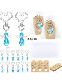 20 Stücke Engel Schlüsselanhänger, Engelsflügel Anhänger Schlüsselanhänger mit Danke-Anhängern und Ziehbandsäckchen aus Organza, Hochzeits-Party-Gastgeschenke, Tauf-Geschenke