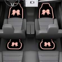 4pcs Car Floor Mats, Adorned With Cute Pink Bow Design, Durable Polyester Material, Easy To Clean, Front And Rear Mats For Complete Car Interior Protection, Auto Accessories