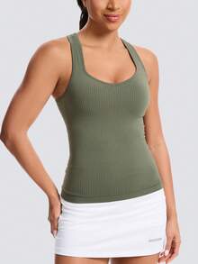 Micro V-Neck Sports Crop Top With Built-In Bra, Breathable Design, Elastic Sports Halter Top, Suitable For Fitness, Yoga, Sports, Running, Cycling. - 灰綠色 - 查看 5