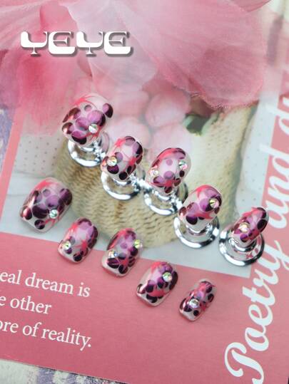Add A Touch Of Romance With 10pcs Square Shape Nails Purple Cat Eye Flower Dunny Full Coverage Fake Nail Set Hand-Made Cute 3d Three-Dimensional Decoration Rhinestone Decor Flora Summer Y2K Full Cover Acrylic Press On Nails Short Kit For Women Girls And Man Punk And Rock Music Festival 1 Count Manicure Set For Women And Girls With 1pc Mini Nail File & 1 Sheet Adhesive Tabs