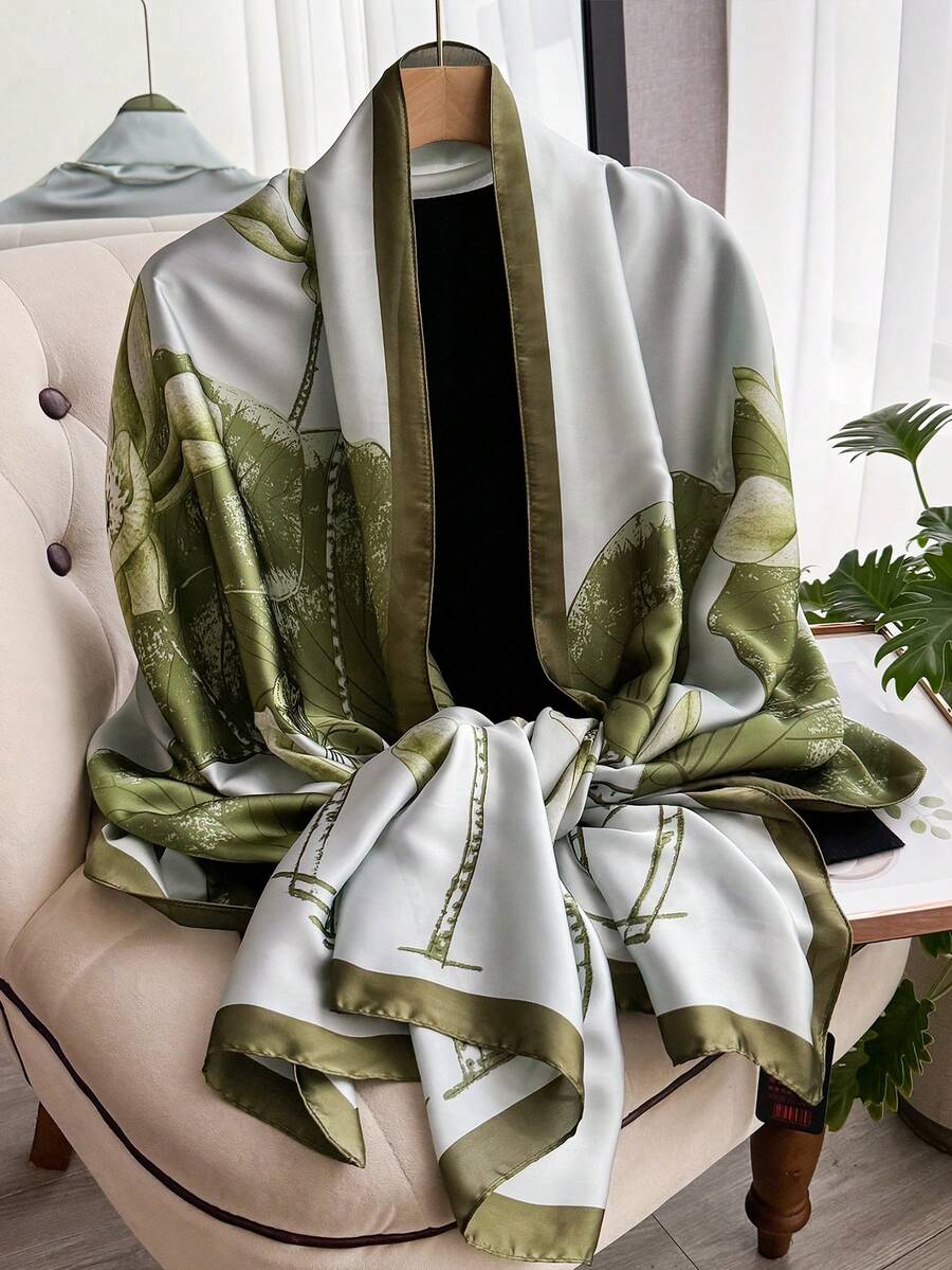 1件装女士花卉印花仿丝莲花图案披肩，时尚围巾，适合旅行，百搭春秋季连衣裙配饰 - 綠色 - 查看 1