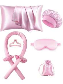 12pcs Sleep & Hair Styling Tool Set, Includes Curling Iron, Face Massager, 1pc Silk Pillowcase, Queen Set For Hair & Skin, Heatless Silk Curlers, Overnight Curlers, 1pc Soft Sleep Mask, Women Face Massage Roller, Hair Care Products & Accessories, Travel Essentials