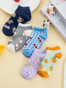 1/5 PairsOf Cartoon Fun Pattern Women's Ankle Socks, Lightweight And Breathable Invisible Low Cut Cute Socks, Boat Socks, Suitable For Spring, Summer And Autumn, Suitable For Daily Wear, Travel Essentials, Gatherings, Daily Life, Activities, Festivals, Versatile Items, Skin Friendly And Non Irritating, Sturdy And Durable, Close Fitting And Not Restrictive - White - View 5