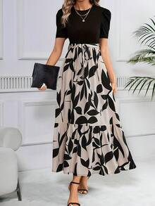 Vestido Negro Con Cuello Redondo Y Patchwork Para Mujer,Vestidos De Moda Y Elegantes,Vestido Con Cinturón Con Estampado Floral,Vestidos Casuales,Vestidos De Dama,Día de la madre - Negro profundo - Ver 5