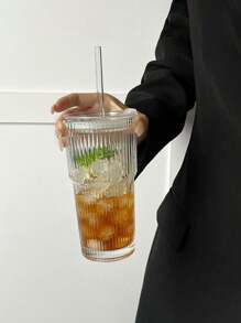 1 pieza, Vaso de vidrio con rayas, con pajita y tapa - 20.29oz/600ml, Vaso de vidrio para beber visualmente atractivo adecuado para café, té, whisky, leche, Americano y bebidas con leche con hielo