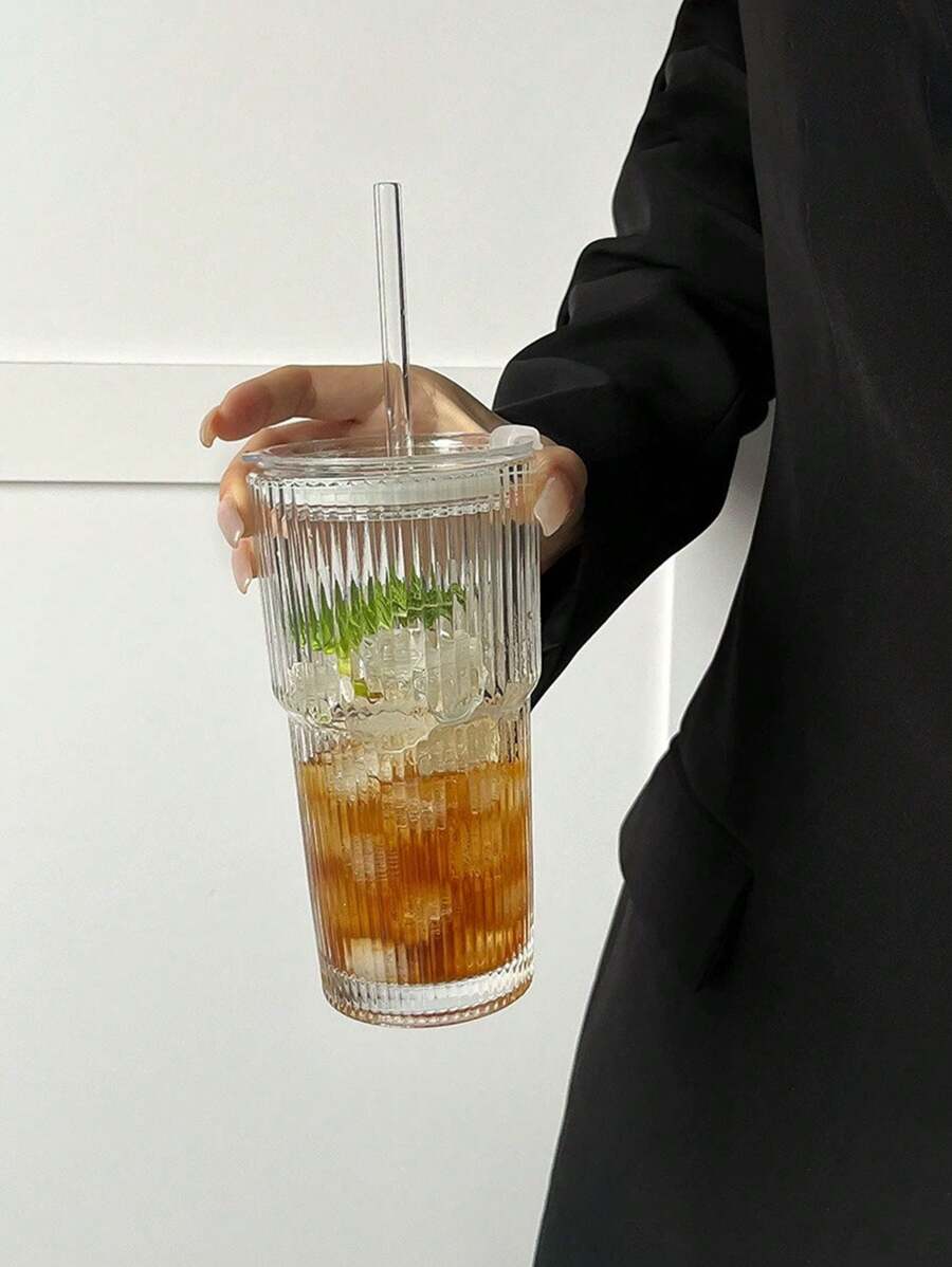 1 pieza, Vaso de vidrio con rayas, con pajita y tapa - 20.29oz/600ml, Vaso de vidrio para beber visualmente atractivo adecuado para café, té, whisky, leche, Americano y bebidas con leche con hielo