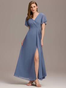 浪漫蝴蝶袖荷叶边雪纺长款伴娘礼服，浅蓝色，春季