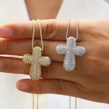 Fashionable Brass Fully Rhinestoned Bubble Cross Pendant Necklace, Elegant Collar Bone Necklace, Premium Jewelry