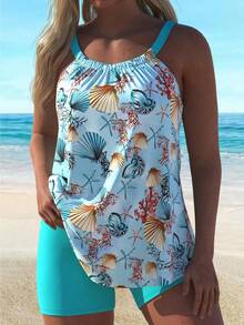 Ladies' Plus Size Beach Vacation Style Printed Split Fashion Swimsuit Set - 彩色 - 查看 3